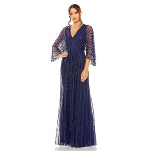 NWT Mac Duggal Beaded Striping Kimono Sleeve V Neck Navy Gown 20